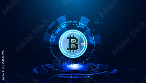 Abstract background digital concept, modern digital circle, bitcoin, cryptocurrency, decentralized, blockchain on black and blue background, futuristic