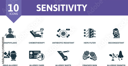 Sensitivity icon set. Monochrome simple Sensitivity icon collection. Anaphylaxis, Chemotherapy, Antibiotic Resistant, Hepa Filter, Decongestant, Drug Allergy, Allergy Card, Allergy Shots, Cracked Skin photo