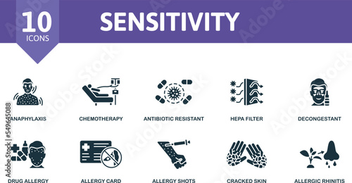 Sensitivity icon set. Monochrome simple Sensitivity icon collection. Anaphylaxis, Chemotherapy, Antibiotic Resistant, Hepa Filter, Decongestant, Drug Allergy, Allergy Card, Allergy Shots, Cracked Skin