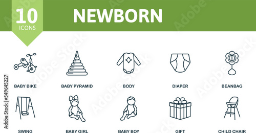 Newborn icon set. Monochrome simple Newborn icon collection. Baby Bike, Baby Pyramid, Body, Diaper, Beanbag, Swing, Baby Girl, Baby Boy, Gift, Child Chair icon