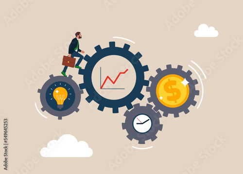 Symbol of opportunity, improvement, motivation, challenge. Effort and time to make dollar money, success long term investment. Flat modern vector illustration.