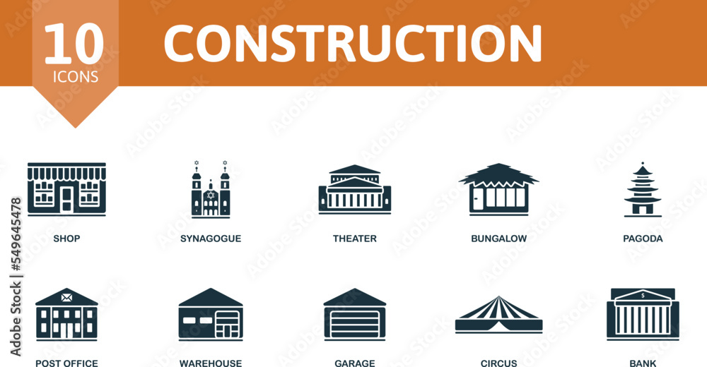 Construction icon set. Monochrome simple Construction icon collection. Shop, Synagogue, Theater, Bungalow, Pagoda, Post Office, Warehouse, Garage, Circus, Bank icon