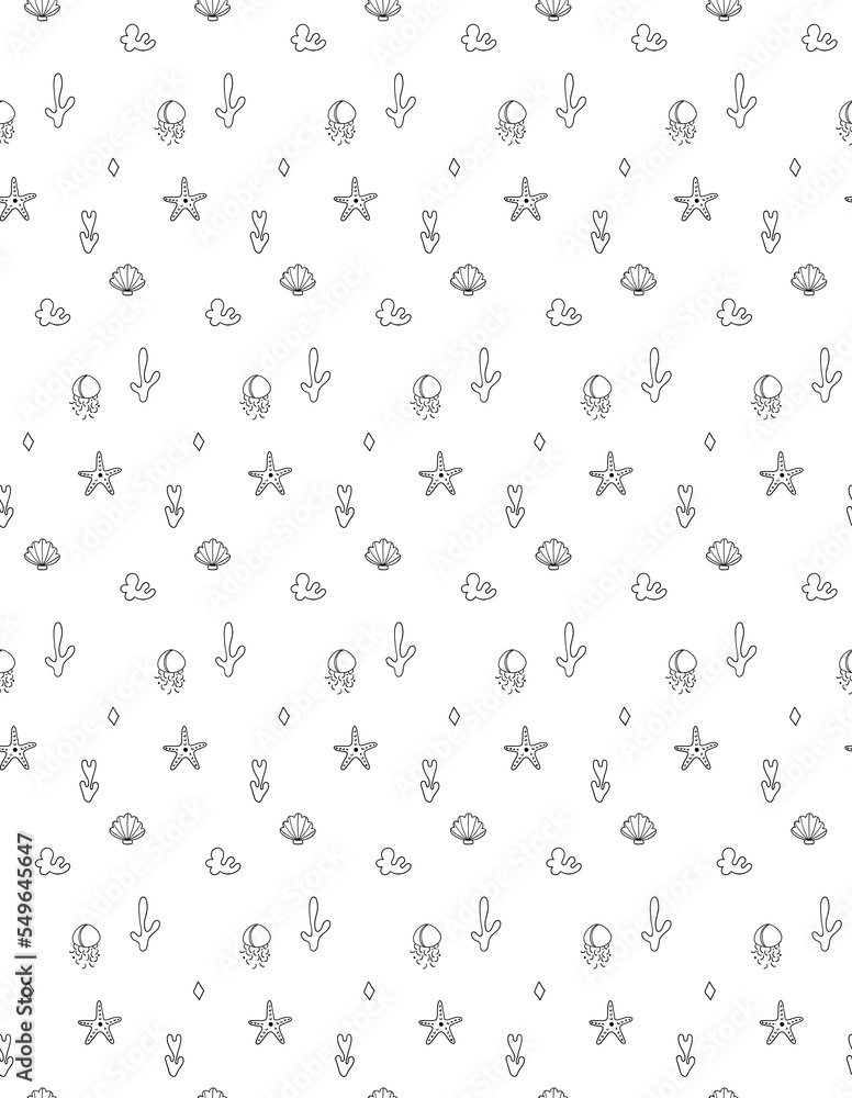 Hand drawn vector illustration. Seamless background for wrapping paper, baby clothes, cover design, interior. Stylish minimalist poster. Abstract black patterns on a white background with jellyfish.