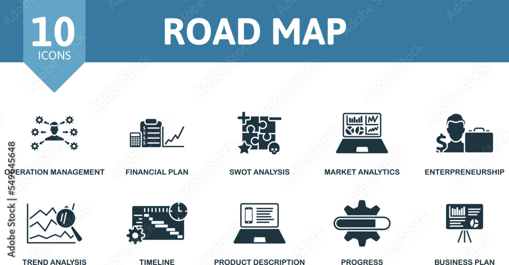 Road Map icon set. Monochrome simple Road Map icon collection. Operation Management, Financial Plan, Swot Analysis, Market Analytics, Enterpreneursship, Trend Analysis, Timeline, Product Description
