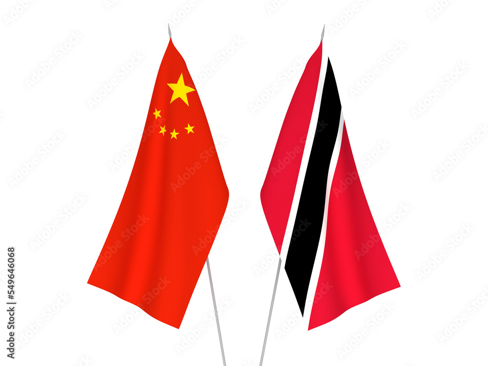 Obraz premium National fabric flags of China and Republic of Trinidad and Tobago isolated on white background. 3d rendering illustration.