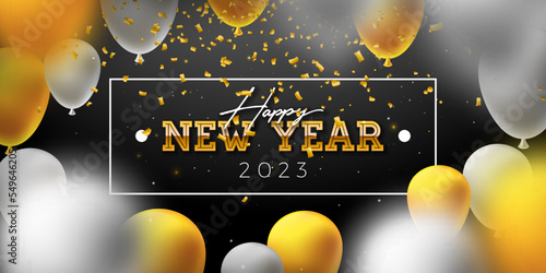 Happy New Year 2023 Illustration with Gold Lettering and Party Balloon on Dark Background. Vector Christmas Holiday Season Design for Flyer, Greeting Card, Banner, Celebration Poster, Party Invitation
