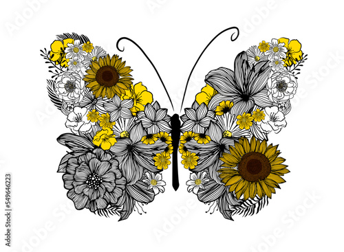 Butterfly with flower wings. Abstract beautiful butterfly for t-shirt print. Vector illustration