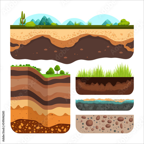 Seamless ground cross sections, underground textures set. Landscape vector Illustration set. Outdoor geological layers structure. Isolated vector illustration