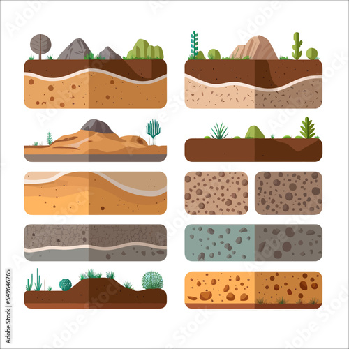 Seamless ground cross sections, underground textures set. Landscape vector Illustration set. Outdoor geological layers structure. Isolated vector illustration