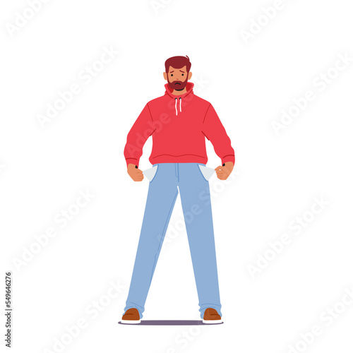 Bankrupt Male Character. Frustrated Worried Man With Beard In Casual Clothes Turning Out Empty Pockets Illustration