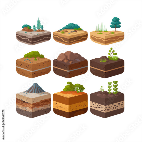 Seamless ground cross sections, underground textures set. Landscape vector Illustration set. Outdoor geological layers structure. Isolated vector illustration