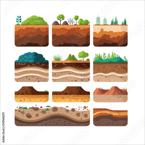Seamless ground cross sections, underground textures set. Landscape vector Illustration set. Outdoor geological layers structure. Isolated vector illustration