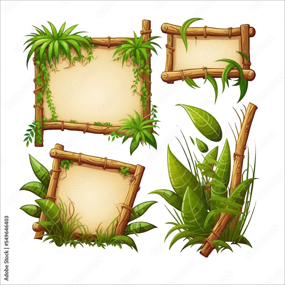Vettoriale Stock Jungle frame with wooden planks, old paper, rope,  decorated plants. Wood empty signboard, vintage blank billboard, hanged  wood board. Vector illustration | Adobe Stock