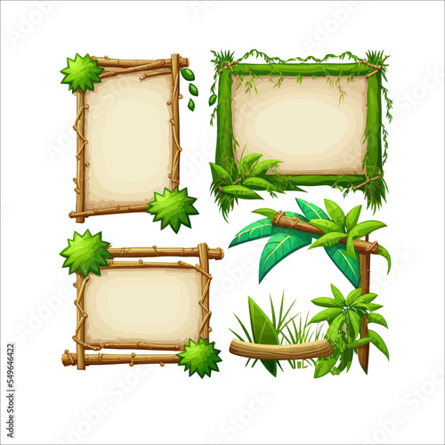 Jungle frame with wooden planks, old paper, rope, decorated plants. Wood empty signboard, vintage blank billboard, hanged wood board. Vector illustration