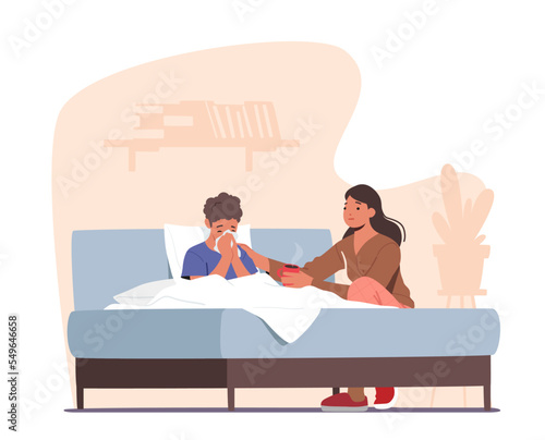 Mother Bringing Hot Tea To Sick Son With Cough And Fever. Little Boy Sitting In Bed During Illness. Mom Care Of Child