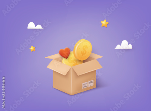 Donation Box with golden coin, money and heart. Donation and charity concept. 3D Web Vector Illustrations.
