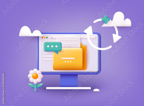 Digital file organization service or app with data transfering. Yellow folder with document on computer monitor. 3D Vector Illustrations.