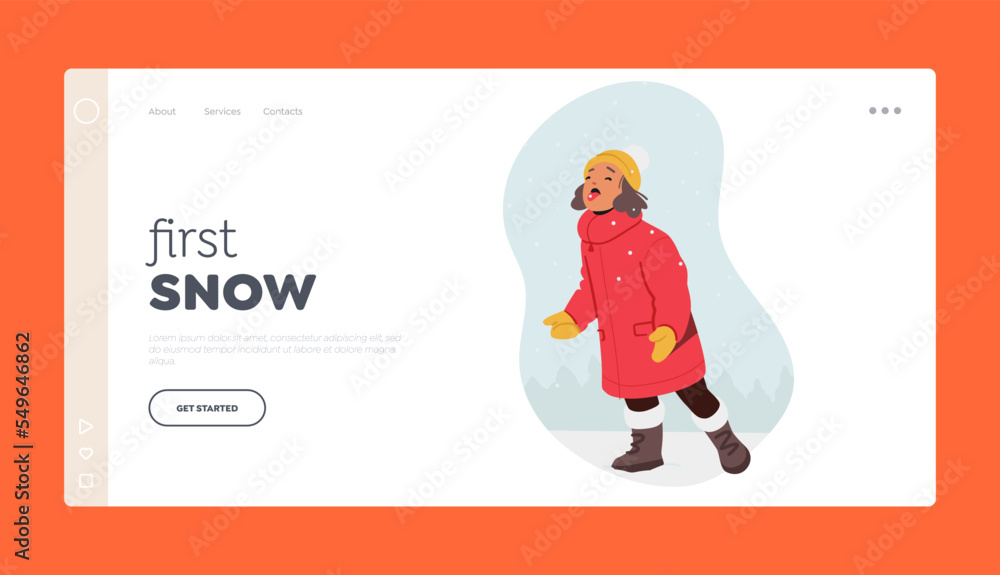 First Snow Fun Landing Page Template. Child Girl Catch Falling Snowflakes on Tongue. Little Character Playing