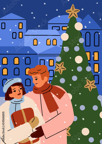Love couple at outdoor Christmas tree on winter holiday. Romantic Xmas postca...