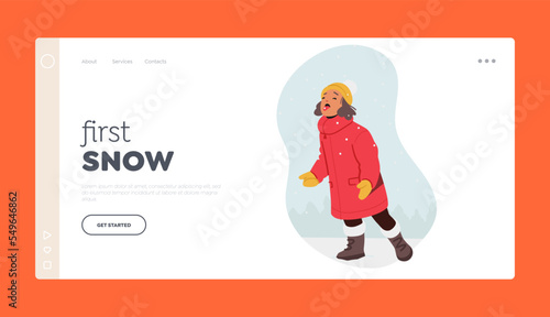 First Snow Fun Landing Page Template. Child Girl Catch Falling Snowflakes on Tongue. Little Character Playing
