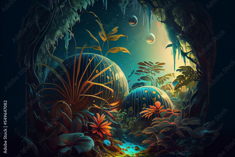 Naklejka premium alien planet vegetation, fantasy landscape, digital painting, background