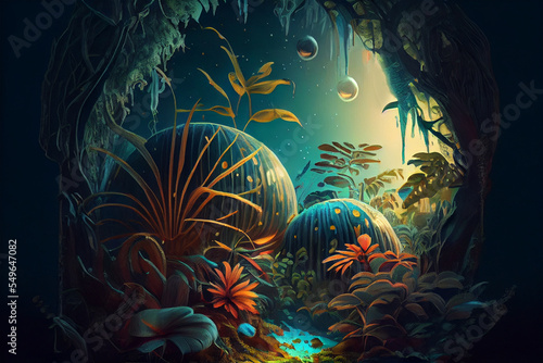 alien planet vegetation, fantasy landscape, digital painting, background