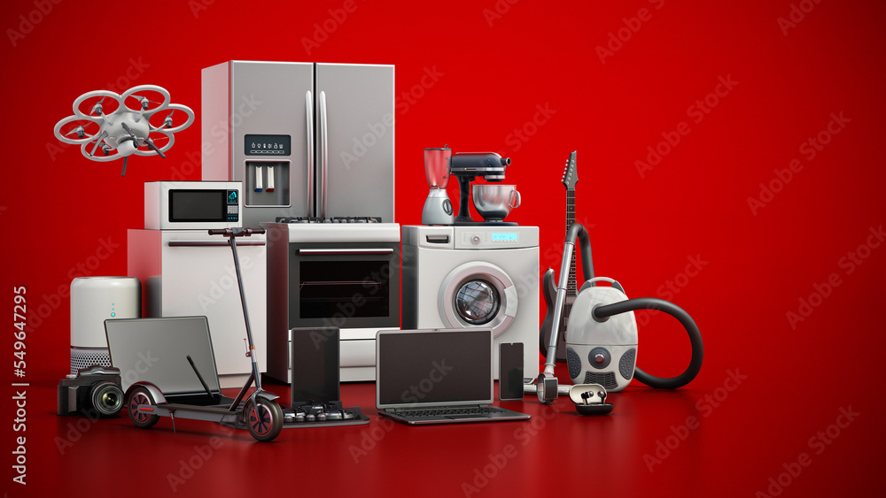 Group of home appliances and consumer electronics standing on red background. 3D illustration - obrazy, fototapety, plakaty 