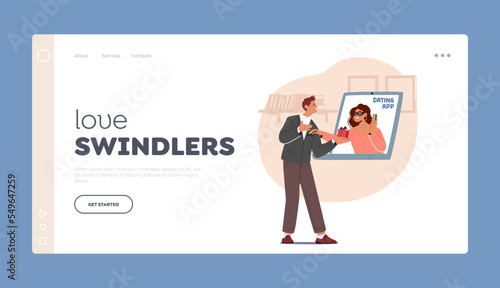 Love Swindlers Landing Page Template. Fall In Love Online, Dangerous Internet Relationships in Cyberspace Concept