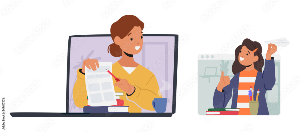 New Normal Of School. Children Studying Online At Home Chatting With Classmate Via Video Conference On Pc New Normal Of School. Children Studying Online At Home Chatting With Classmate Via Video Conference On Pc