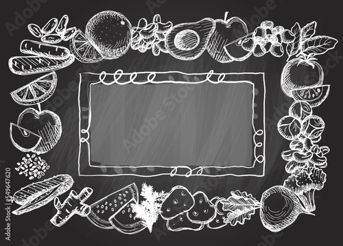 Chalkboard frame with assorted vegetables and fruits, chalk menu template