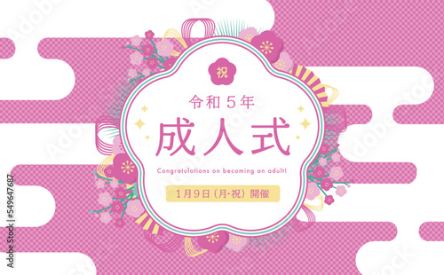 日本らしい紅白梅と水引の和風お祝いフレーム素材_成人式 成人の日_ピンク