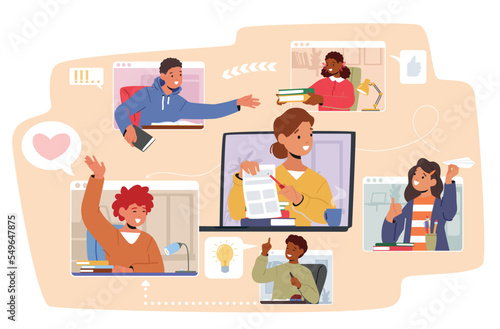 Online Education Concept. Video Conference With School Children. Girls And Boys Classmates Communicate In Virtual Class