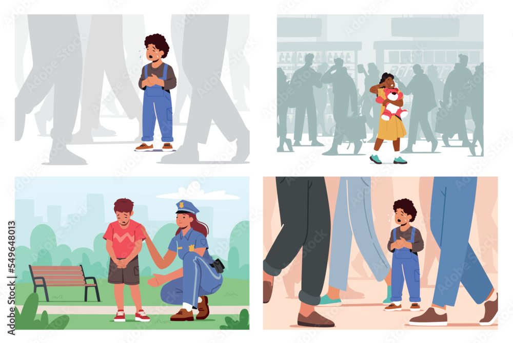 Set Child Get Lost In Public Place, Scared Baby Crying And Searching Mother In Big City. Police Officer Help Boy In Park Set Child Get Lost In Public Place, Scared Baby Crying And Searching Mother In Big City. Police Officer Help Boy In Park