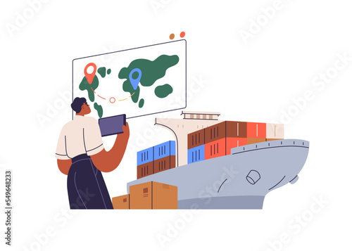 Sea freight concept. Cargo, goods in containers loaded on carrier ship. Supply chain, digital smart logistics manager tracks, controls shipment. Flat vector illustration isolated on white background