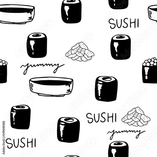 Sushi isolated icons in seamless pattern, vector illustration. Wrapping paper design for Japanese restaurant food delivery packages. Traditional Asian cuisine seafood dish, sushi and rolls menu cover.