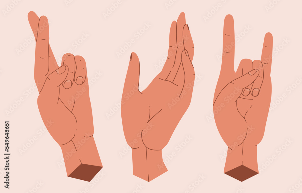 Hands collection with different poses in hand drawn style. Gestures, rock hello, crossed fingers Hands collection with different poses in hand drawn style. Gestures, rock hello, crossed fingers