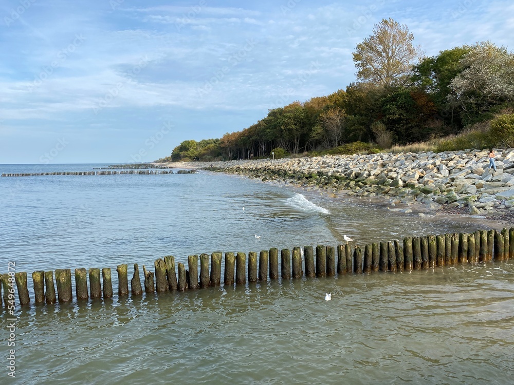 A wooden breakwater on the Baltic Sea protecting the shore from the waves