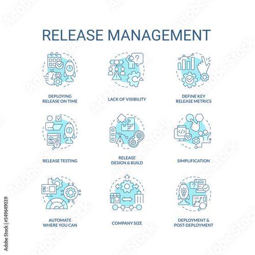 Release management turquoise concept icons set. Software development process idea thin line color illustrations. Isolated symbols. Editable stroke. Roboto-Medium, Myriad Pro-Bold fonts used