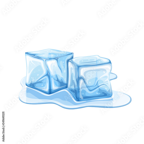 Two ice cubes melt in water puddle vector illustration. Cartoon isolated blue crystal glacier blocks of icicle melting in fresh clear liquid pool, solid icy pieces to cool cocktail and drink in bar