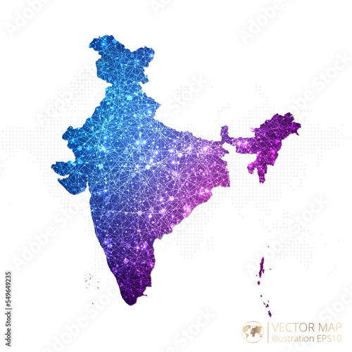 India map in geometric wireframe blue with purple polygonal style gradient graphic on white background. Vector Illustration Eps10.