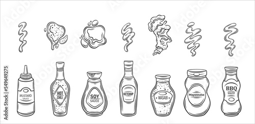 Sauces outline icons set vector illustration. Line hand drawing containers, bottles and splashes of tomato ketchup, mustard, mayonnaise and BBQ sauce for burger, stain of wasabi paste for sushi