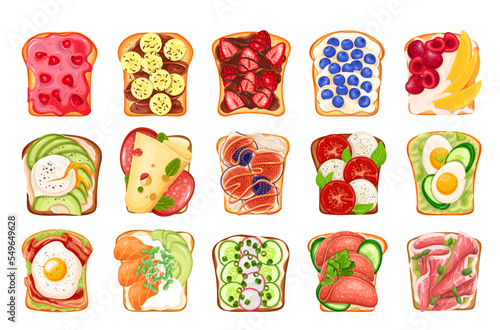 Toasts with different toppings set vector illustration. Cartoon isolated whole grain or rye healthy toasted bread with fish and meat, cheese and fruits, sandwich collection for restaurant menu
