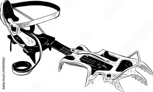 PNG engraved style illustration for posters, decoration and print. Hand drawn sketch of ice crampons in black isolated on white background. Detailed vintage etching style drawing.	
 photo