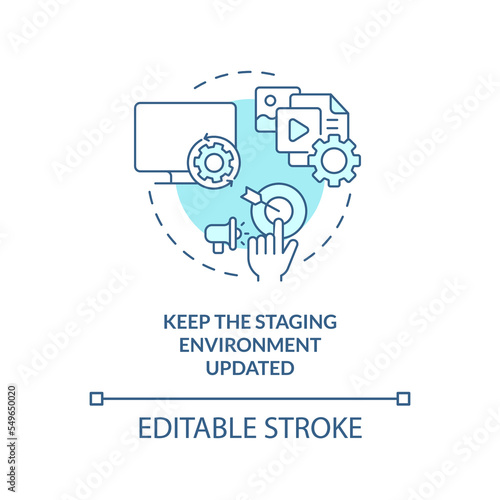 Keep staging environment updated turquoise concept icon. Release management advice abstract idea thin line illustration. Isolated outline drawing. Editable stroke. Arial, Myriad Pro-Bold fonts used