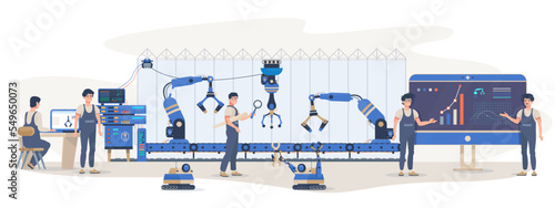 Automated production with robotic arms. Industrial line conveyor with robotic arms. High tech technology factory, plant. Minimal workforce.Operators and workers surveying the work process. Flat vector