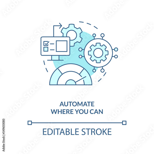 Automation impact on speed turquoise concept icon. Better release management tip abstract idea thin line illustration. Isolated outline drawing. Editable stroke. Arial, Myriad Pro-Bold fonts used