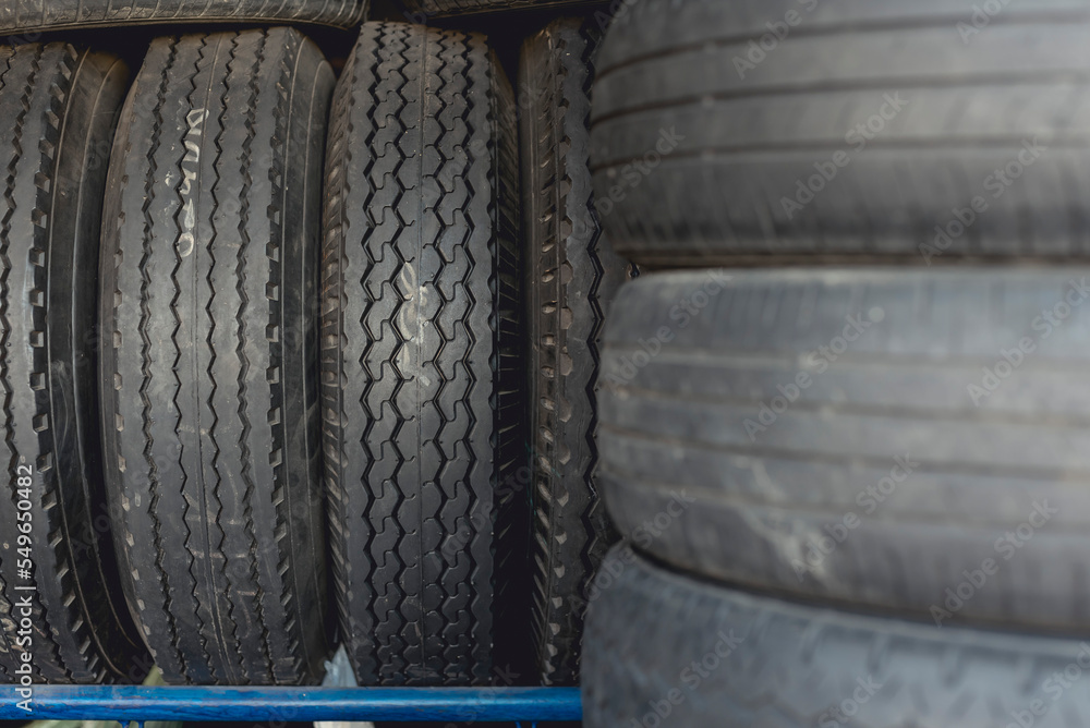 Secondhand used tires for sale at a vulcanizing shop. Secondhand used tires for sale at a vulcanizing shop.