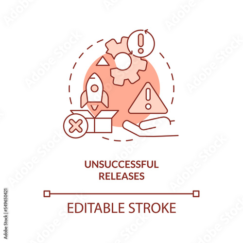 Unsuccessful outputs red concept icon. Common release management challenge abstract idea thin line illustration. Isolated outline drawing. Editable stroke. Arial, Myriad Pro-Bold fonts used