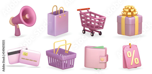 shopping 3d illustration realistic vector icon set. Basket, gift, megaphone, credit card, discount label, shopping cart soft lilac 3d icon