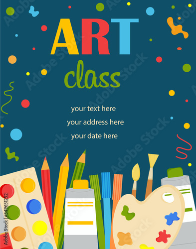 Art class vector flyer template. Vectir illustration for poster, invitation, flyer, banner, brochure, advertising. Promo poster for painting school. Painting stationary background.